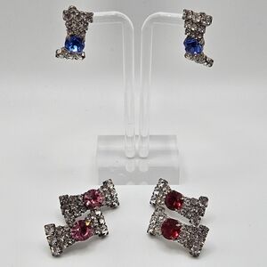 VINTAGE Art Deco Rhinestone Bowtie Pierced Earrings 3 Sets Pink, Blue, Red
